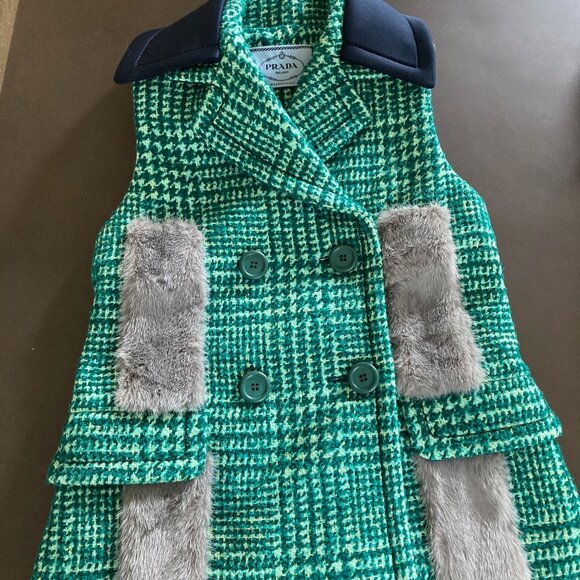 Prada Fall 2015 Green Tweed Ensemble Pants Vest with Mink Fur Accents IT 42 US 6 - Picture 14 of 16